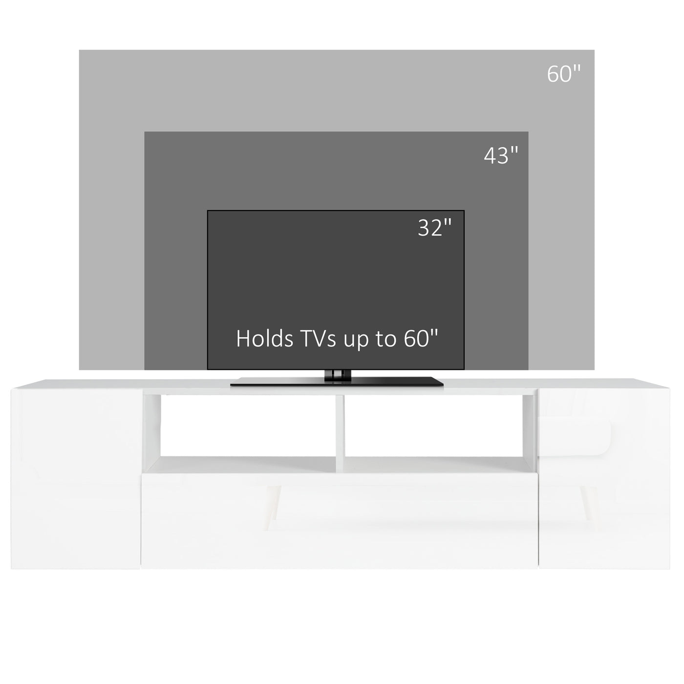 TV Stand for TVs up to 60", TV Unit with LED Lights, Storage Shelves and Cupboards, 53.9" x 13.8" x 16.5", White