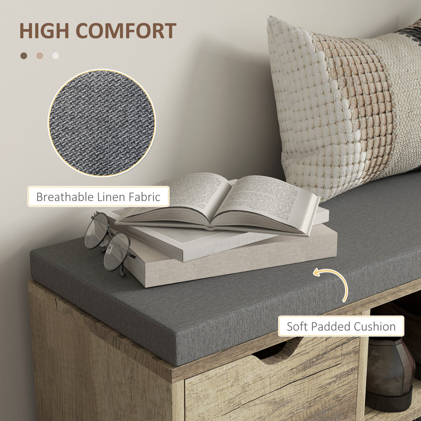 Upholstered Shoe Storage Bench w/ Seat, Entrance Bench w/ Drawer Open Shelves and Pocket for Hallway, Grey