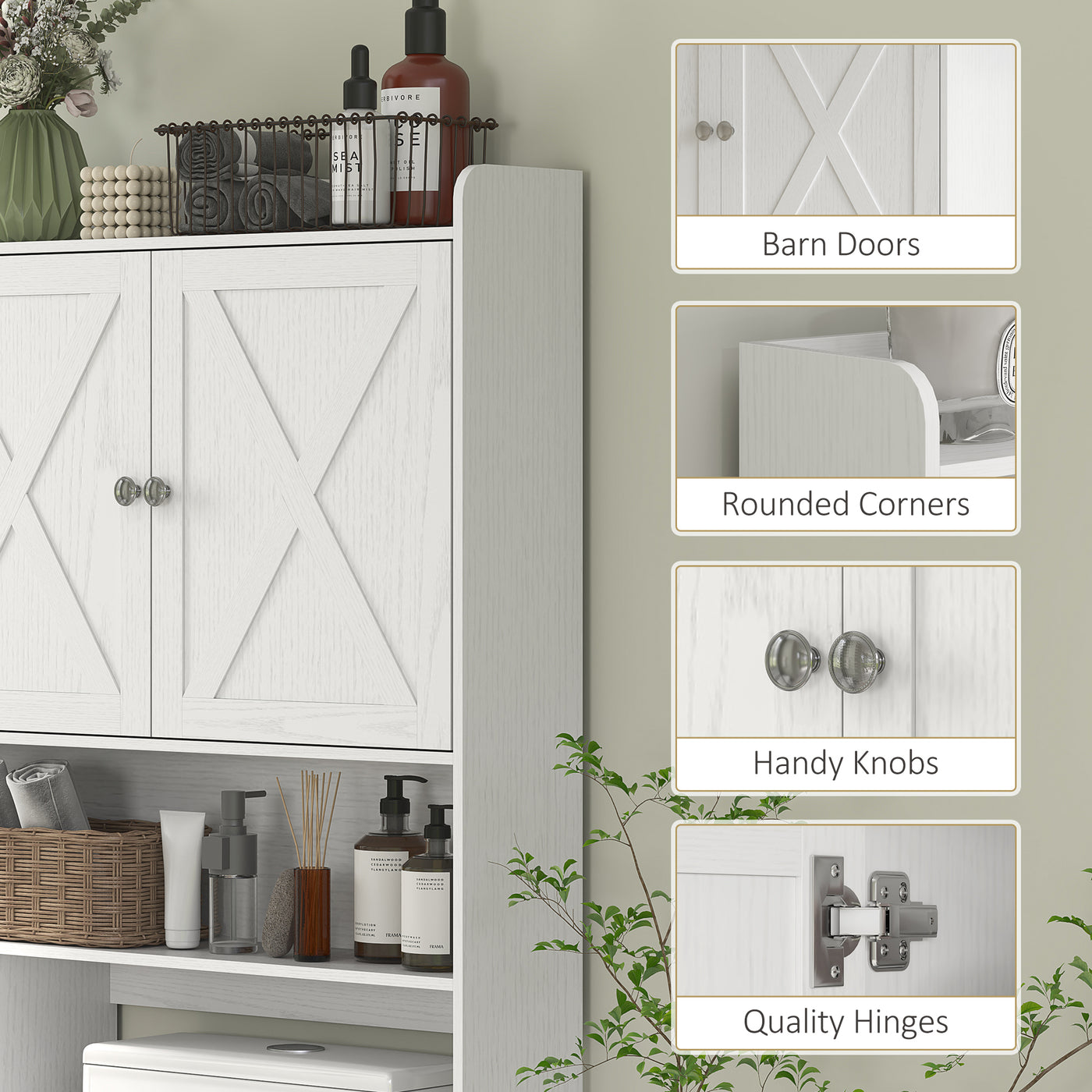 Farmhouse Over the Toilet Cabinet with Barn Doors, Over the Toilet Storage Cabinet with Adjustable Shelf, White