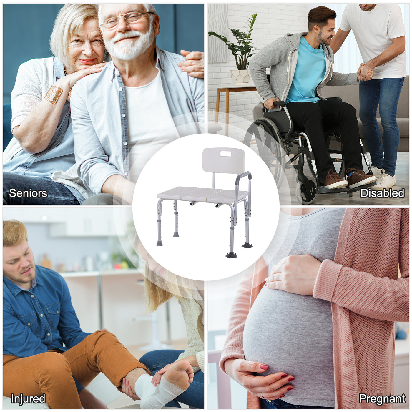 6-Level Adjustable Bath and Shower Transfer Bench Aluminum Chair with Non-Slip Feet, Armrest & Backrest White
