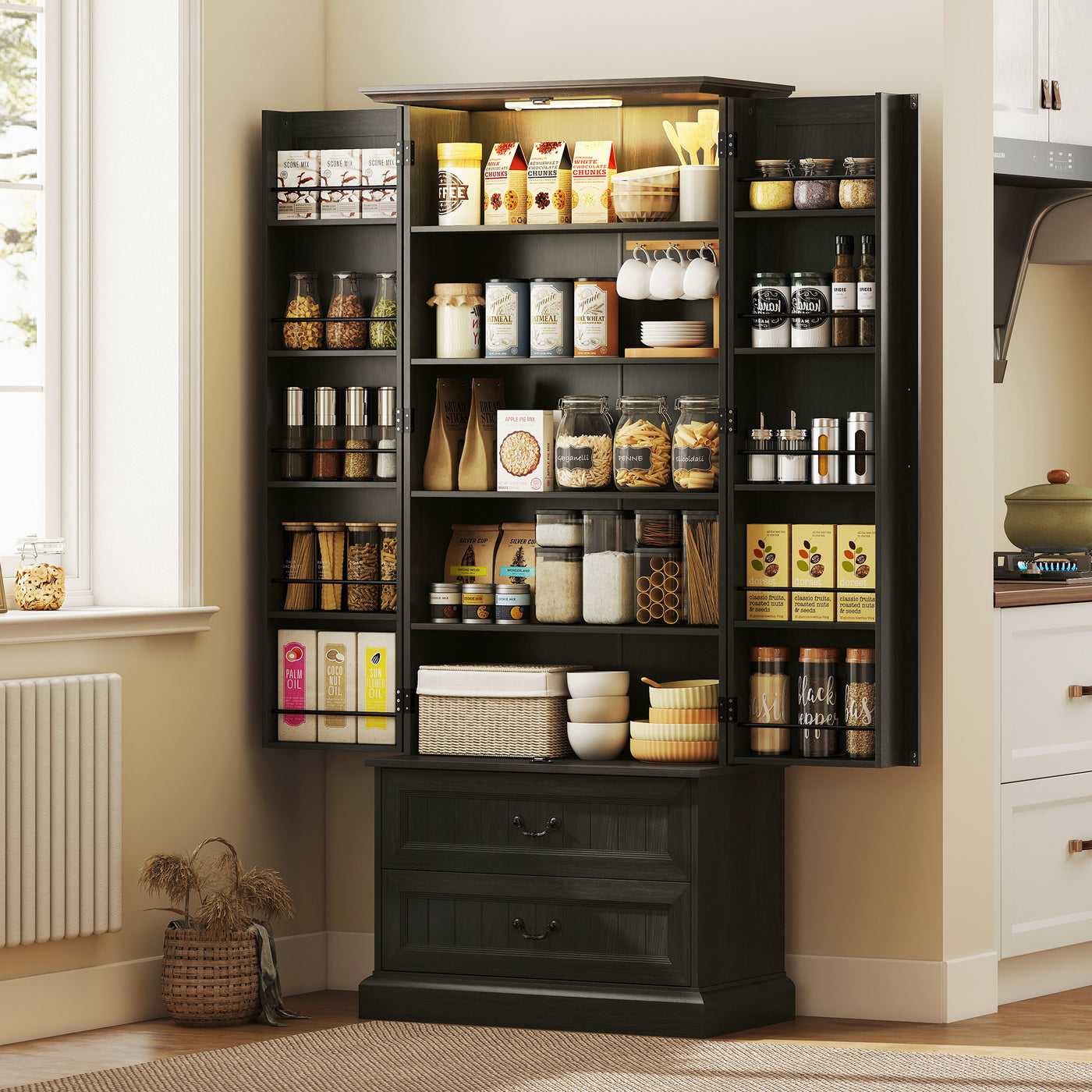 72" LED Kitchen Pantry Cabinet, Buffet Storage Cabinet with 10 Door Shelves, 2 Drawers and Adjustable Shelves, Black