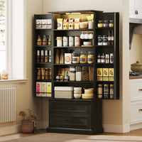 72" LED Kitchen Pantry Cabinet, Buffet Storage Cabinet with 10 Door Shelves, 2 Drawers and Adjustable Shelves, Black