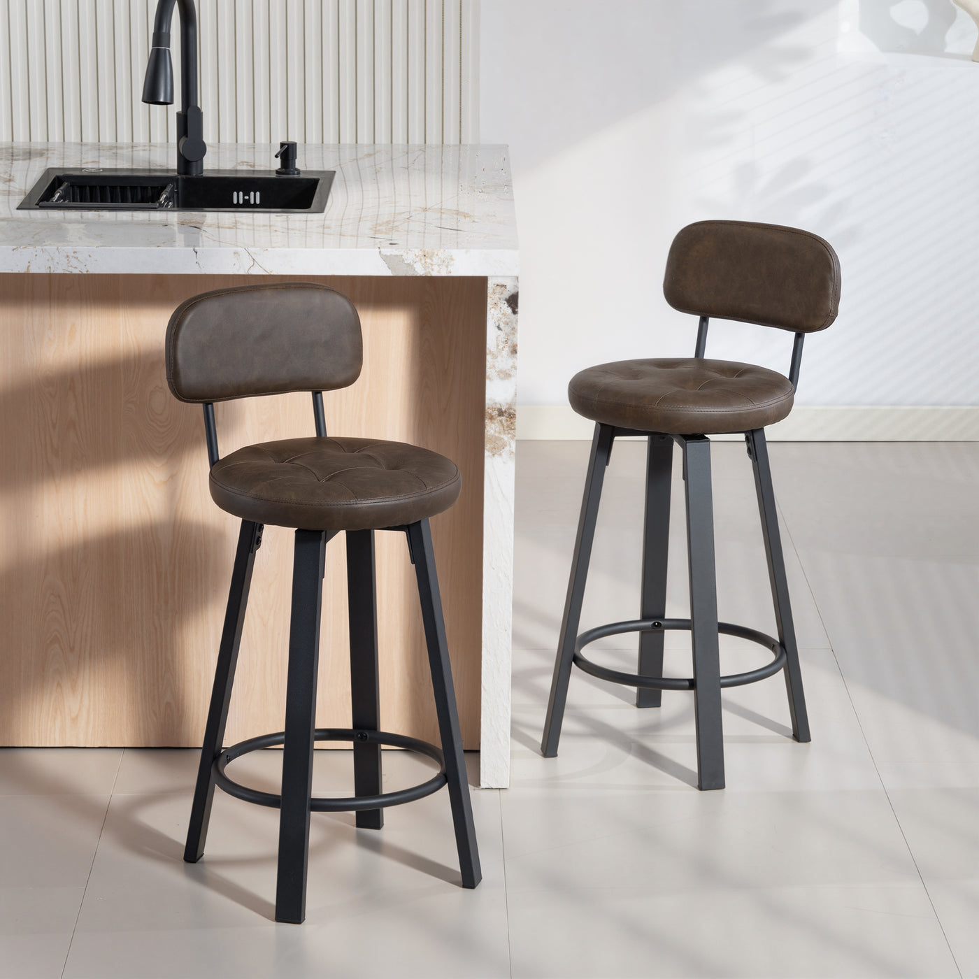 Bar Stools Set of 2, Upholstered Breakfast Bar Chairs with Footrest and Backrest for Kitchen Counter, Brown