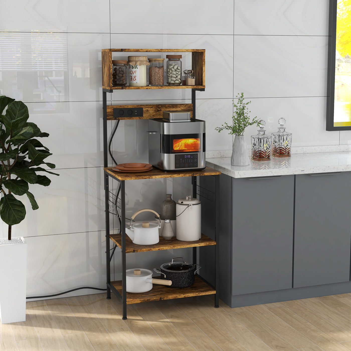 Baker's Rack with Charing Station, Microwave Shelf with Power Outlet, USB Charger and 5 Hooks, Rustic Brown