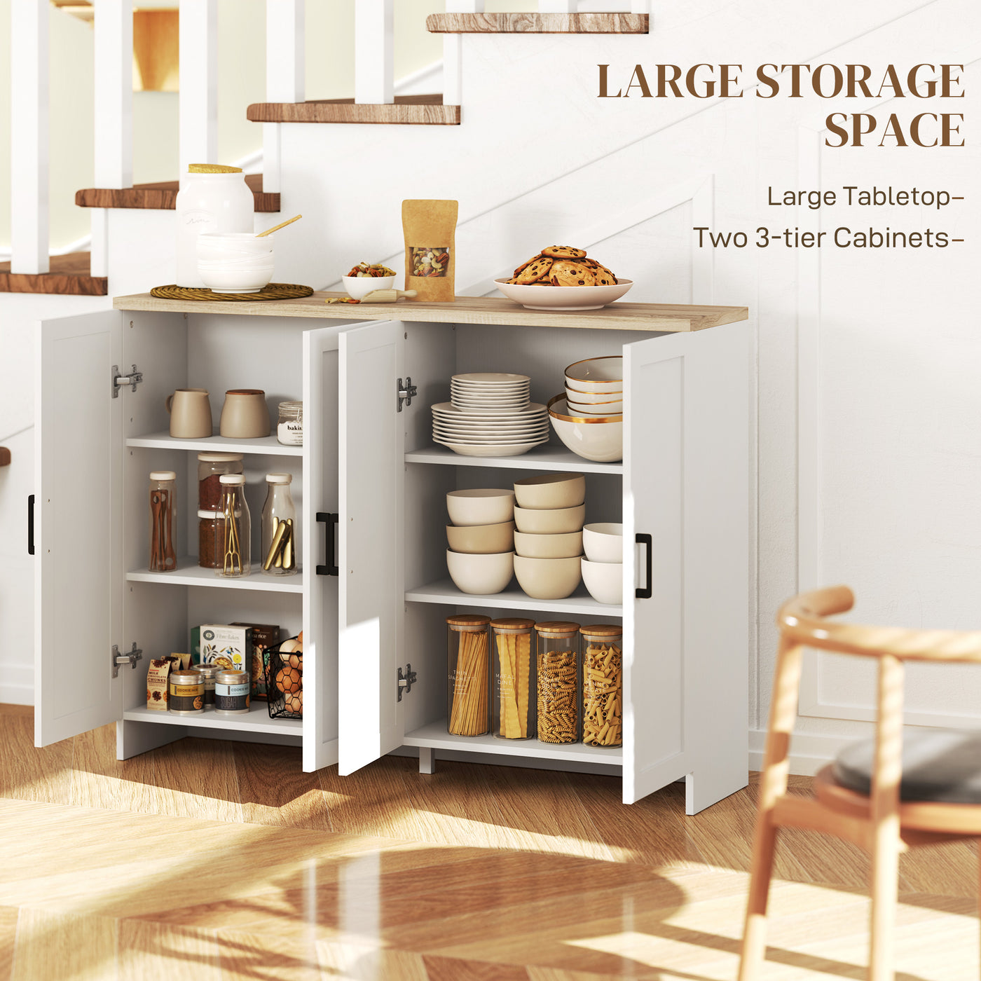 Modern Sideboard Buffet Cabinet, Modern Kitchen Storage Cabinet with 4 Doors Adjustable Shelves, for Dining Room, White