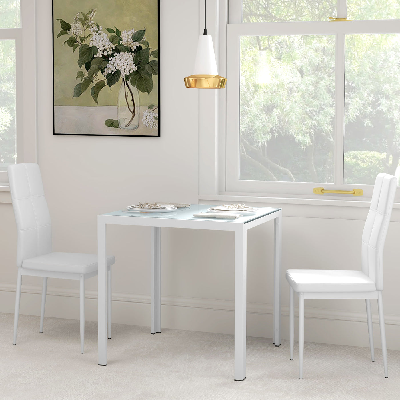 3-Piece Rectangular Glass Kitchen Table and Chairs with Metal Frame and Faux Leather Upholstery for Dining Room, White