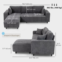 Sectional Couch with Integrated Seat, 3 Seater L-Shaped Sofa with Changeable Chaise, Spring Cushion, 2 Pillows, Grey