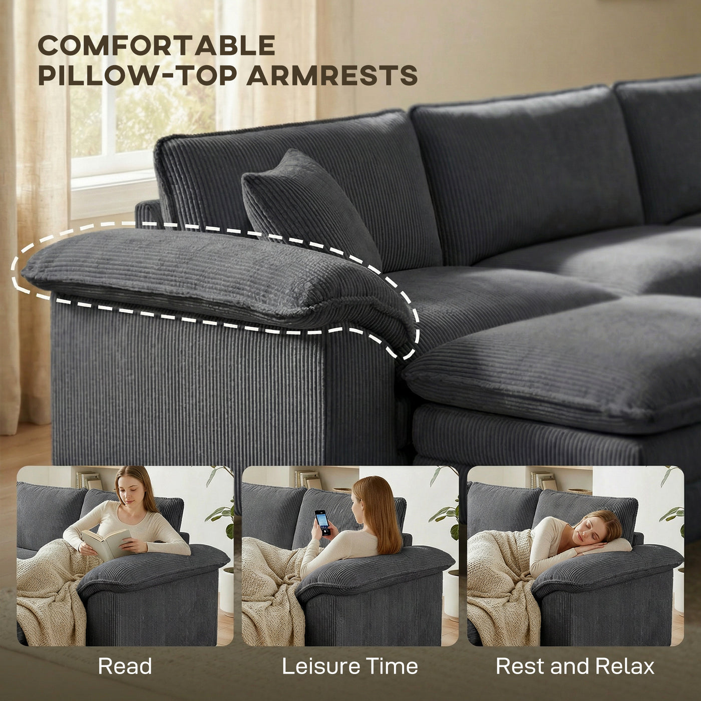 Sectional Sofa, L Shaped Sofa with Deep Seat, Movable Ottoman and Pillow-top Armrests, Dark Grey