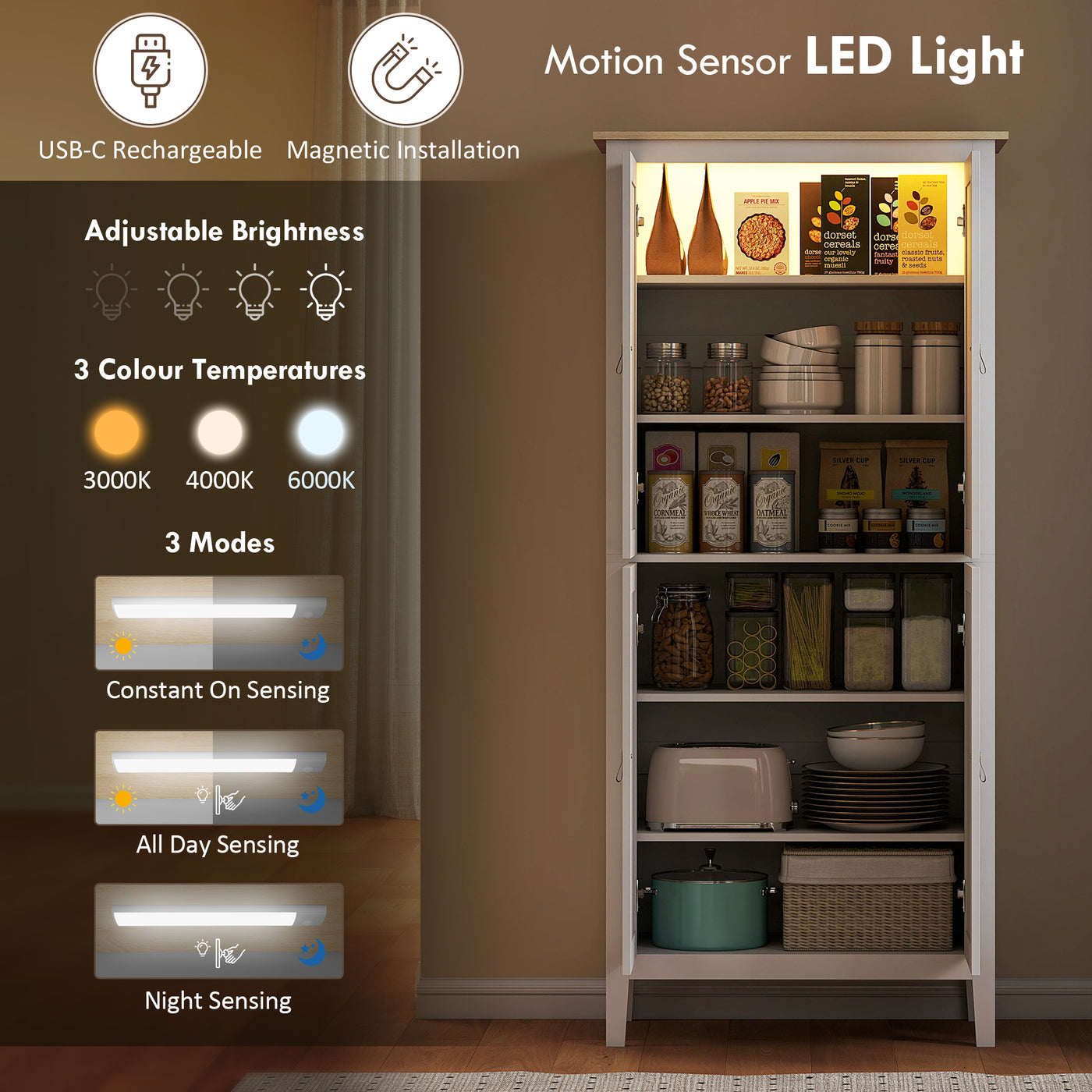 69.5" Tall Kitchen Pantry Storage Cabinet with Motion Sensor LED Light, Modern Kitchen Pantry Cabinet, White