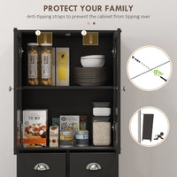 61" Kitchen Pantry Cabinet, Freestanding Farmhouse Buffet Storage Cabinet with Soft Close Glass Doors and Adjustable Shelves, Black