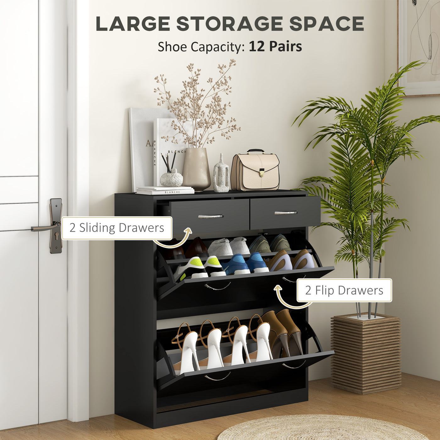 Narrow Shoe Storage with 2 Flip Drawers and Adjustable Shelves Shoe Cabinet Organizer for 12 Pairs of Shoes, Black