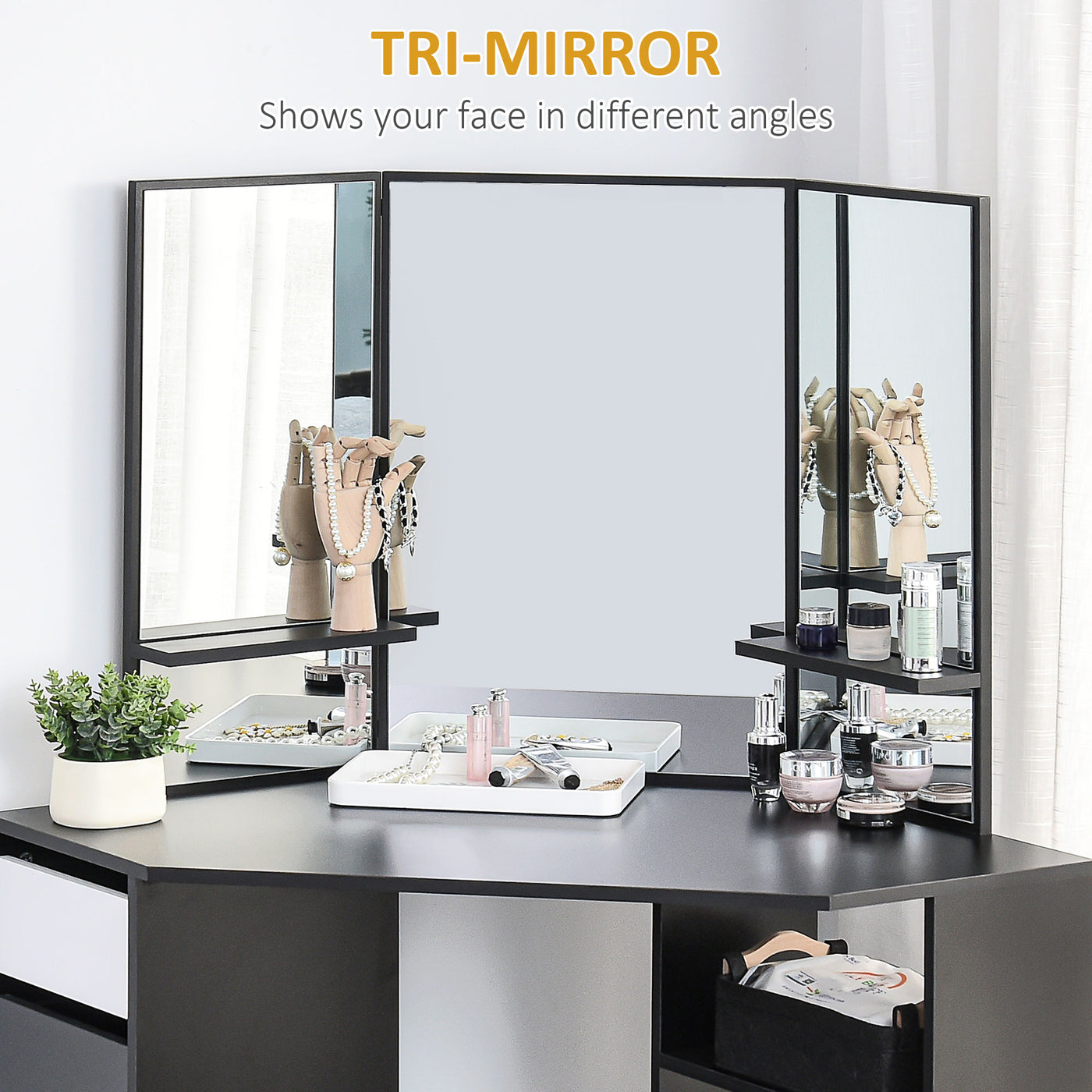 Corner Vanity Desk with Mirror, Makeup Vanity Table with 5 Drawers and Open Shelves, Dressing Table with 3-piece Mirror for Bedroom, Black