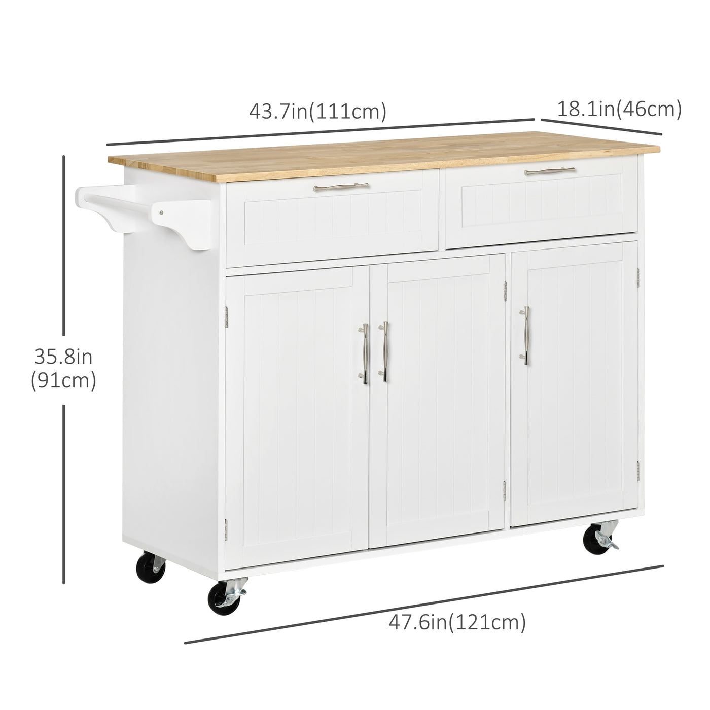 48" Kitchen Island with Storage and Solid Wood Top, Rolling Kitchen Cart on Wheels with 2 Storage Drawers, 3 Doors and Towel Rack for Dining Room, White