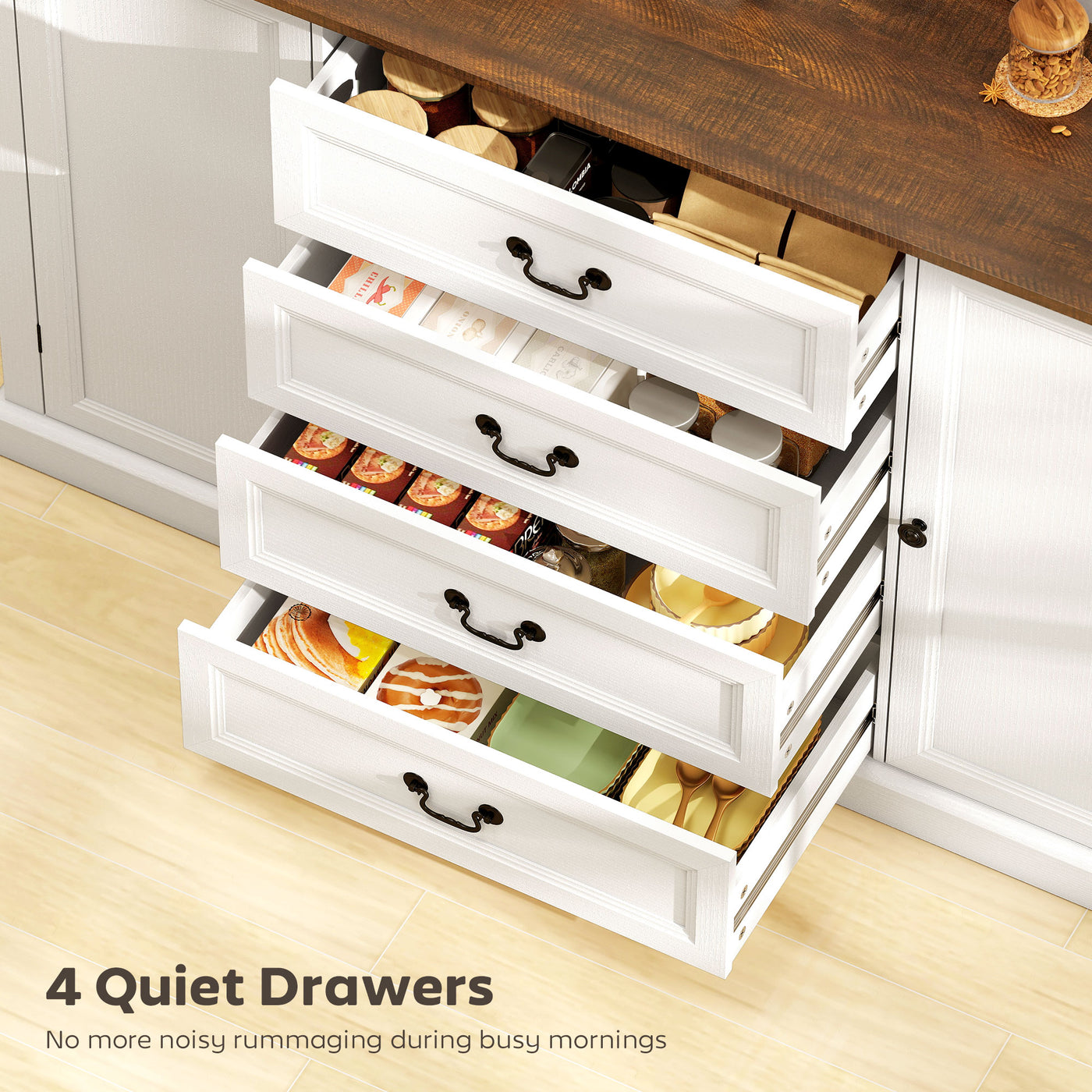 Farmhouse Sideboard with Charging Station, 58" Buffet Cabinet, Kitchen Storage Cabinet with 4 Drawers, 2 Doors, White