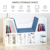 6-Cubby Bookcase with Seat Cushion, Cube Storage Shelf with Reading Nook for Home Office, Study, Blue