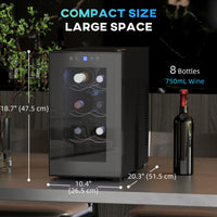 Quiet Wine Cooler Refrigerator, 8 Bottle, Beverage Wine Fridge with Glass Door, Temperature Control, for Champagne
