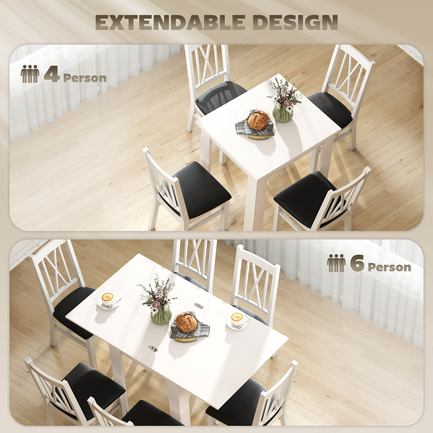 55" Extendable Dining Table for 4-6 Person, Kitchen Table with PU Handle and Felt Pads for Small Spaces, White