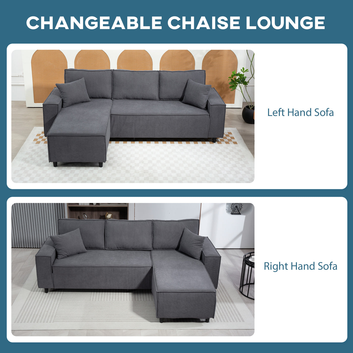 Corner Sofa with Changeable Chaise, Corduroy L-Shaped Sectional Sofa with Pocket Spring, 2 Pillows, Charcoal Grey