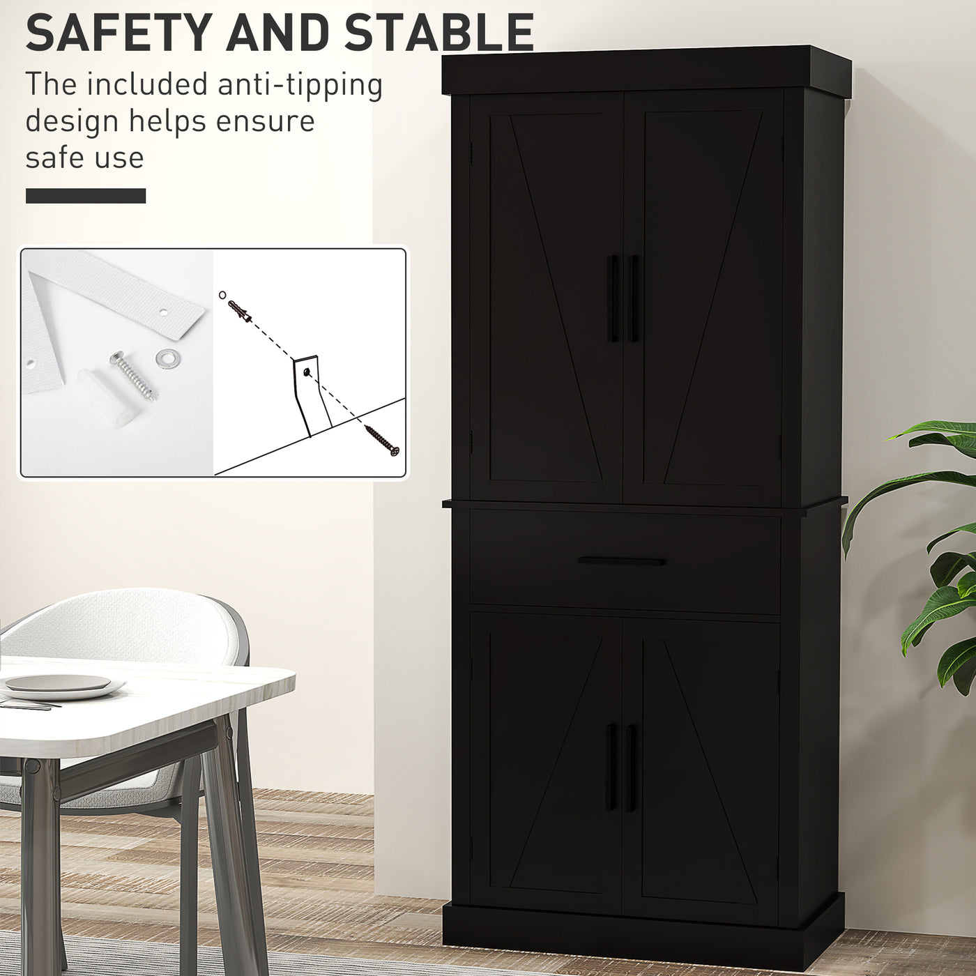 72" Kitchen Storage Cabinet, Farmhouse Kitchen Pantry Cabinet with 4 Barn Doors, Drawer, Adjustable Shelves, Black
