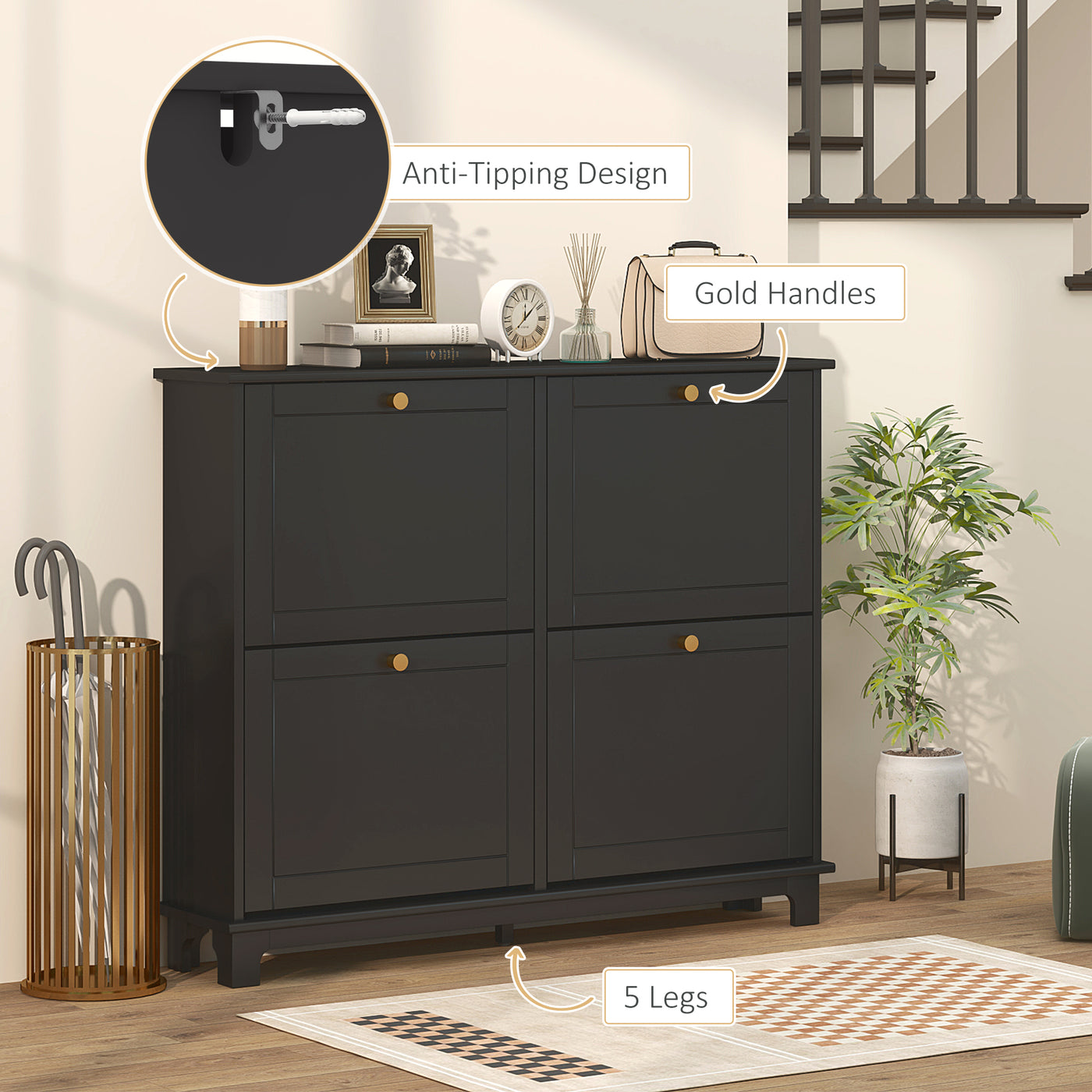 Modern Shoe Storage Cabinet, Narrow Shoe Cabinet with 4 Flip Drawers, Adjustable Shelves, 5 Legs for Entryway, Black