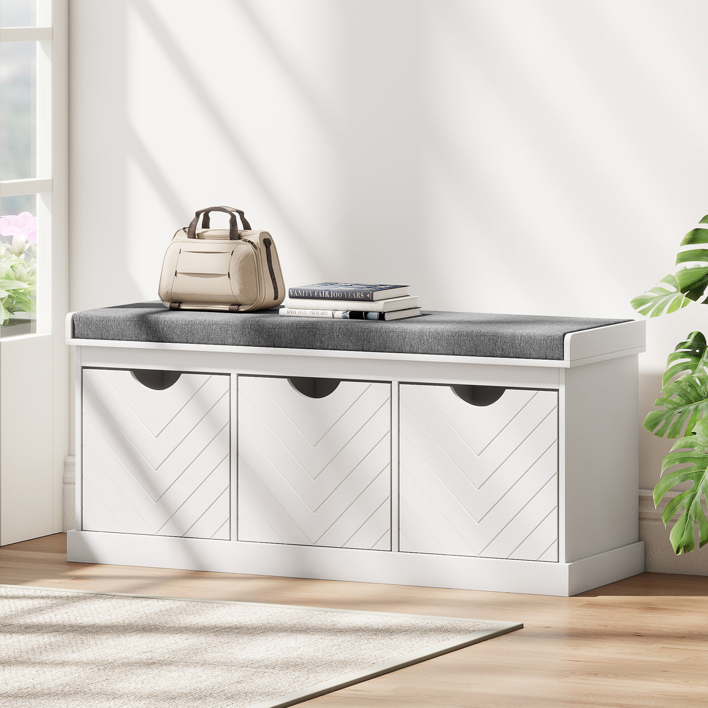 Shoe Storage Bench, Linen-Look Entryway Bench with 3 Removable Drawers and Padded Seat Cushion for Hallway, White