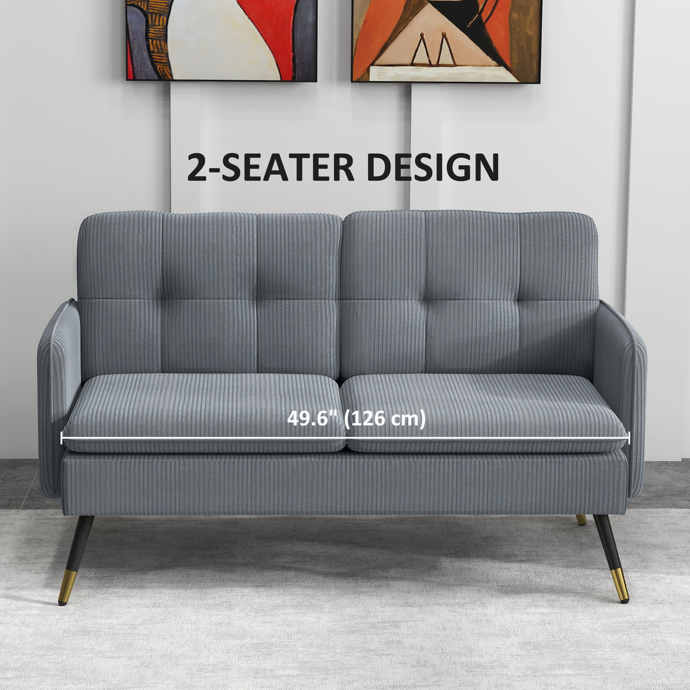 55" Loveseat Sofa, Corduroy Love Seat w/ S spring, Steel Legs and Button Tufting, Small Couch for Living Room, Dark Grey