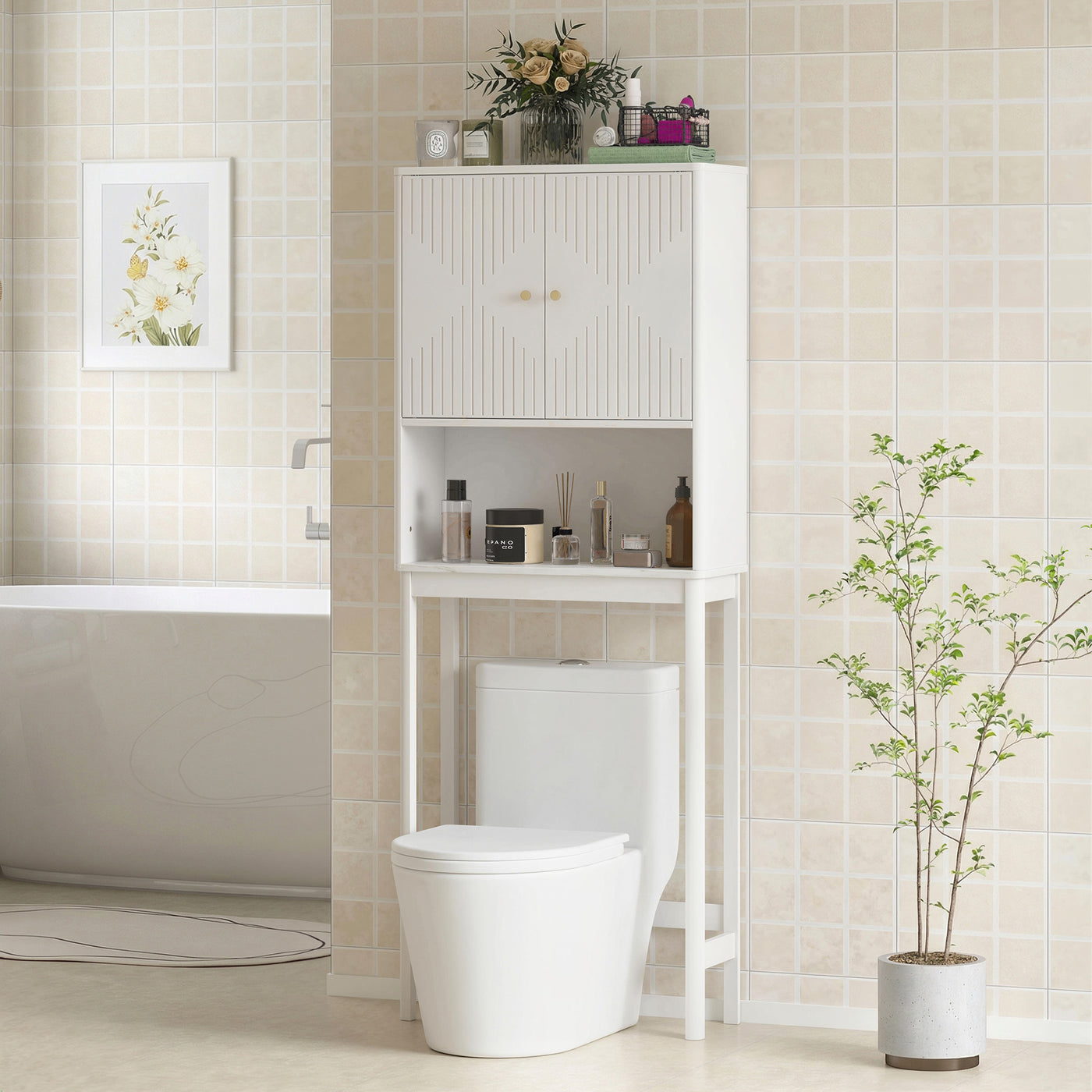Over The Toilet Storage Cabinet with Adjustable Shelf, Open Shelf and Adjustable Bottom Bar, White