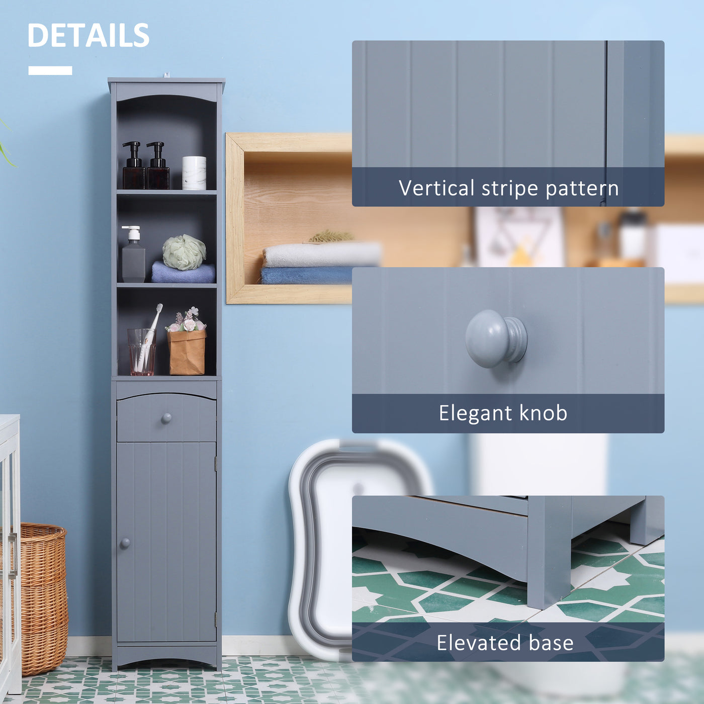 Bathroom Storage Cabinet, Tall Linen Tower with 3-Tier Shelves and Drawer and Door, Grey