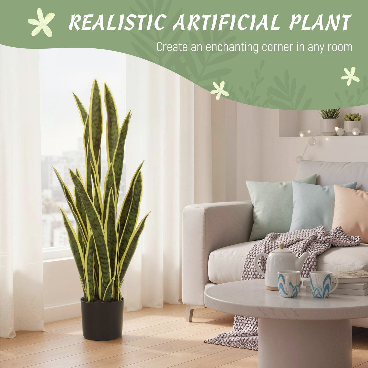 Artificial Tree, 35.4" Artificial Snake Plant with 21 Leaves in Pot for Home, Office, and Living Room, Green