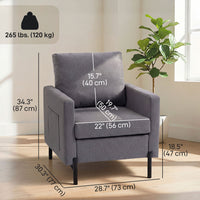 Accent Chair Modern Upholstered Armchair with Side Pockets and Cushion for Bedroom, Living Room, Dark Grey