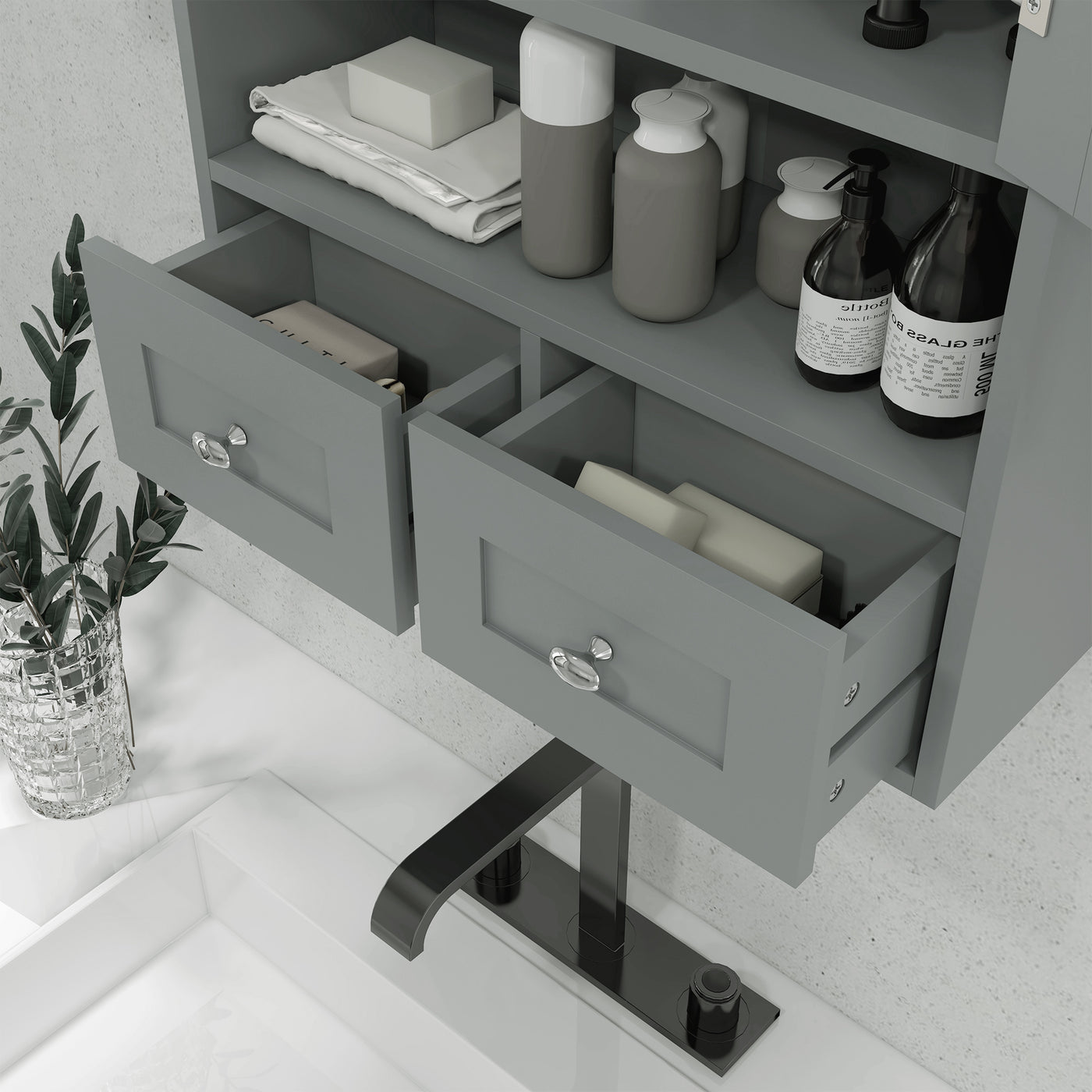 Bathroom Wall Cabinet with 2 Drawers, Modern Medicine Cabinet with 2 Doors and Open Shelf, Over the Toilet Storage Organizer for Living Room, Kitchen，20" x 7" x 26", Grey