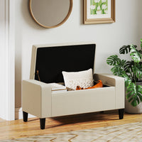 36" Storage Ottoman Bench, Linen-Look Fabric End of Bed Bench with Solid Wood Frame and Legs, Tufted Storage Chest, Footrest for Living Room, Bedroom, Entryway, Beige