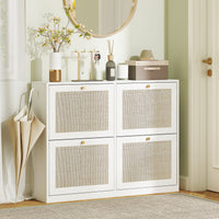 Narrow Shoe Storage Cabinet, Rattan Shoe Cabinet with 4 Flip Drawers and Adjustable Shelves for 20 Pairs, White