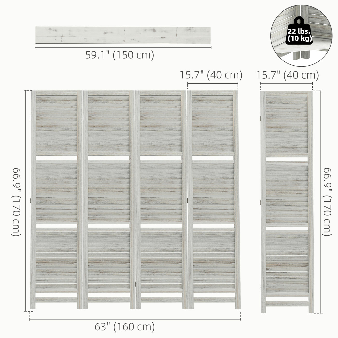 4-Panel Wall Partition Room Separator with 3 Storage Shelves Foldable Design Wooden Frame 5.6FT Distressed White