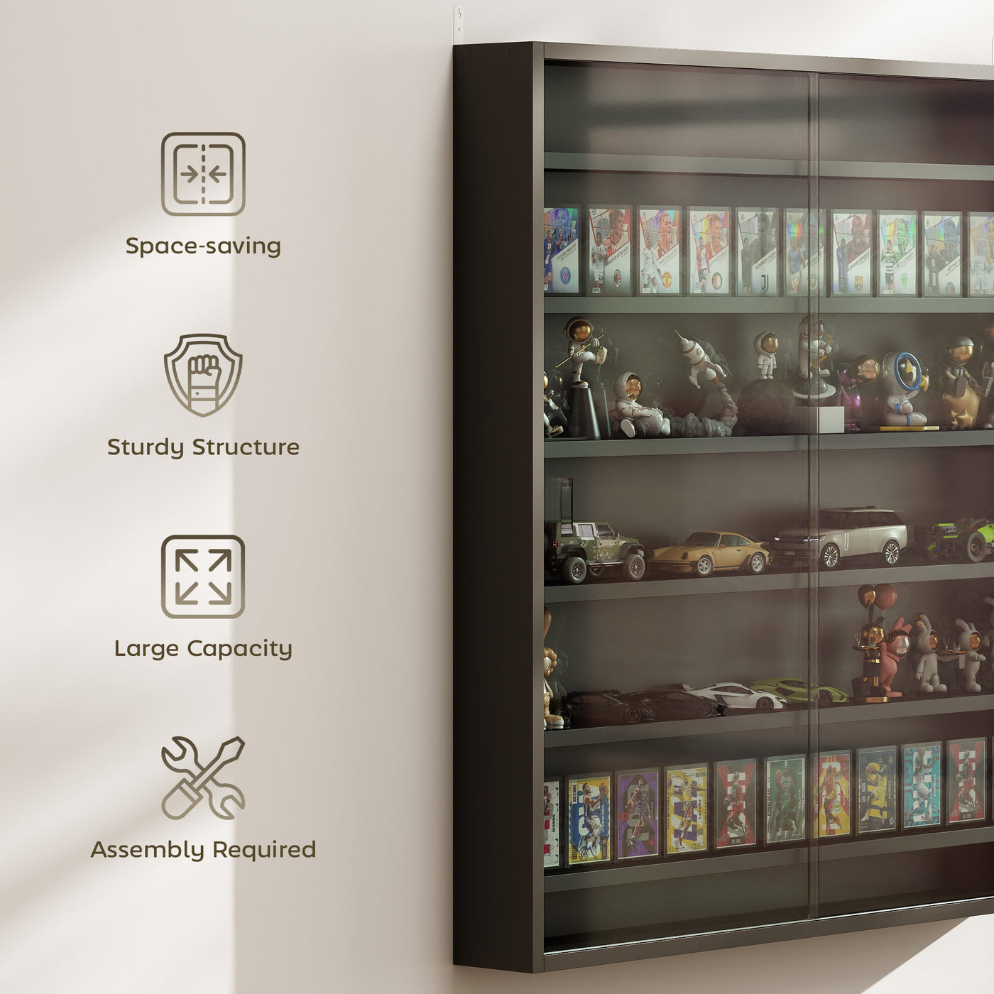 7-Tier Display Cabinet, Shot Glass Display Case, Glass Curio Cabinet with 2 Glass Doors and 6 Adjustable Shelves, Black