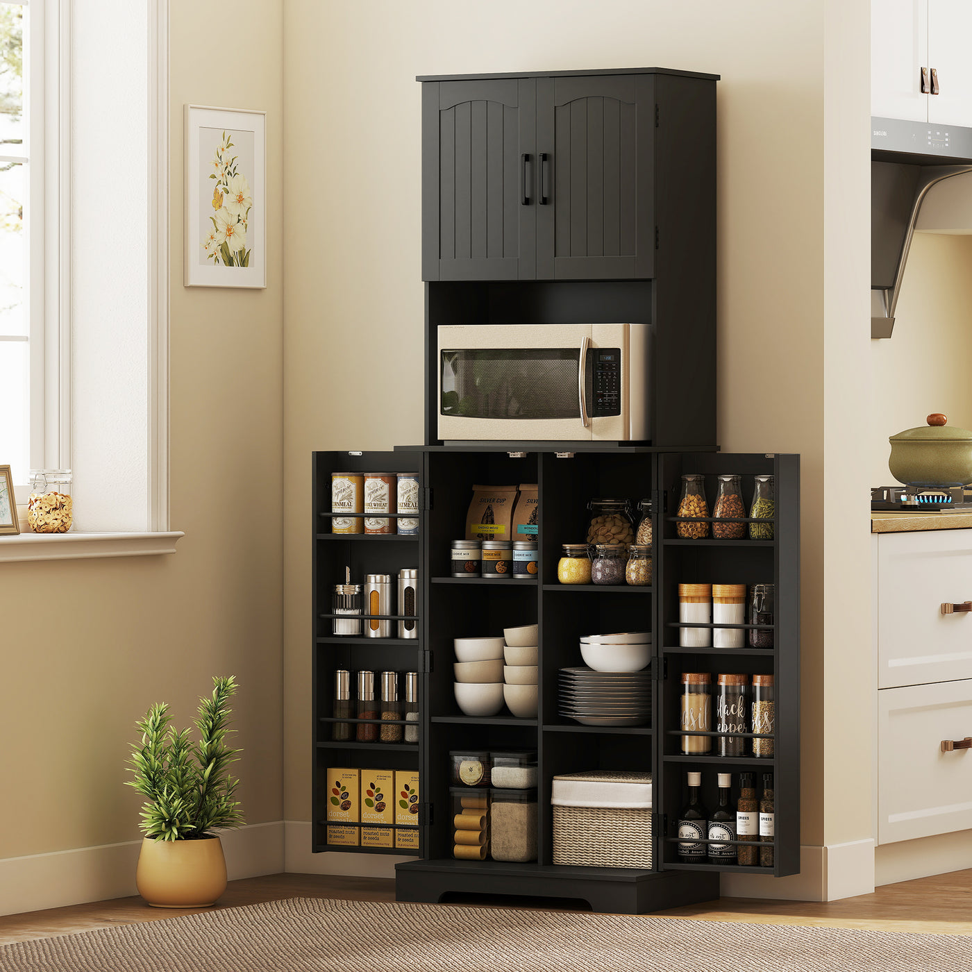 71.5" Tall Pantry Cabinet, Farmhouse Kitchen Storage Cabinet with Adjustable Shelves, 8 Door Spice Racks, Black