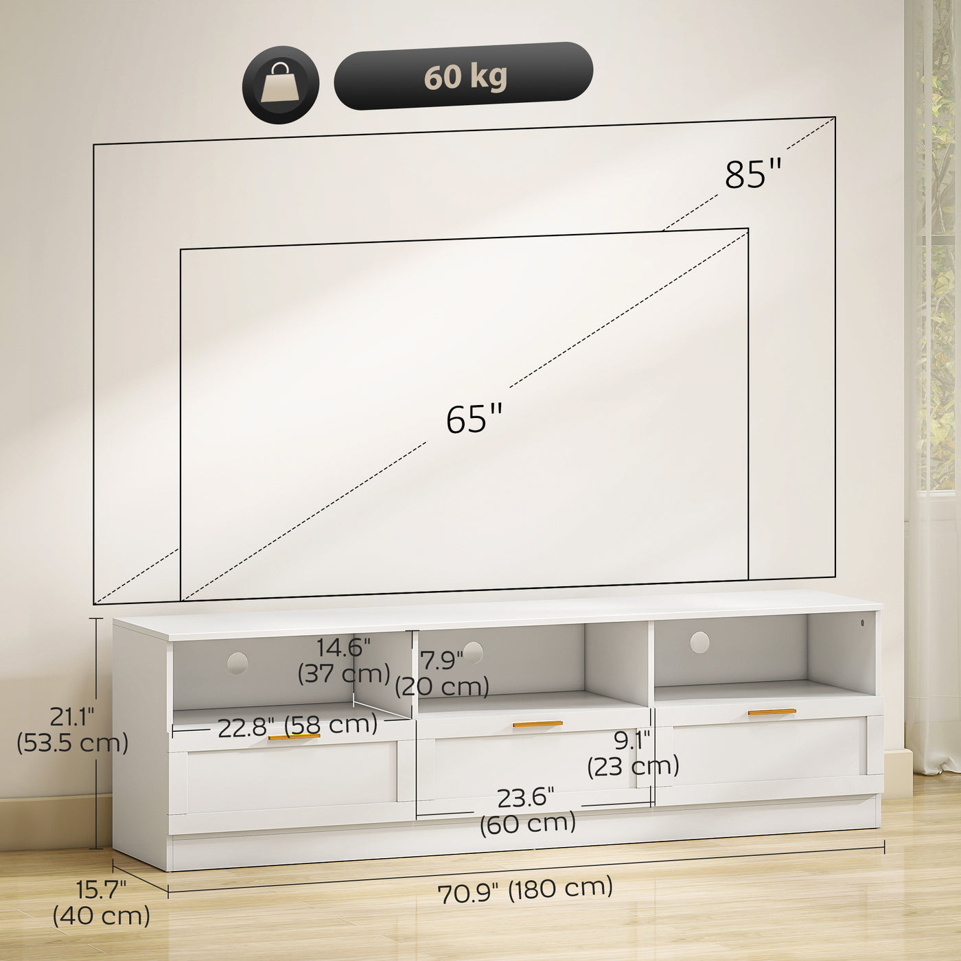 TV Stand with Storage, Modern Entertainment Center with 3 Cabinets and 3 Open Shelves, for TVs up to 85", White