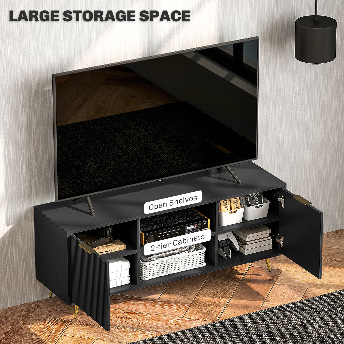 TV Stand with Storage for 55 Inch TV, Modern TV Cabinet with 2 Open Shelves and 2 Cabinets for Living Room, Black