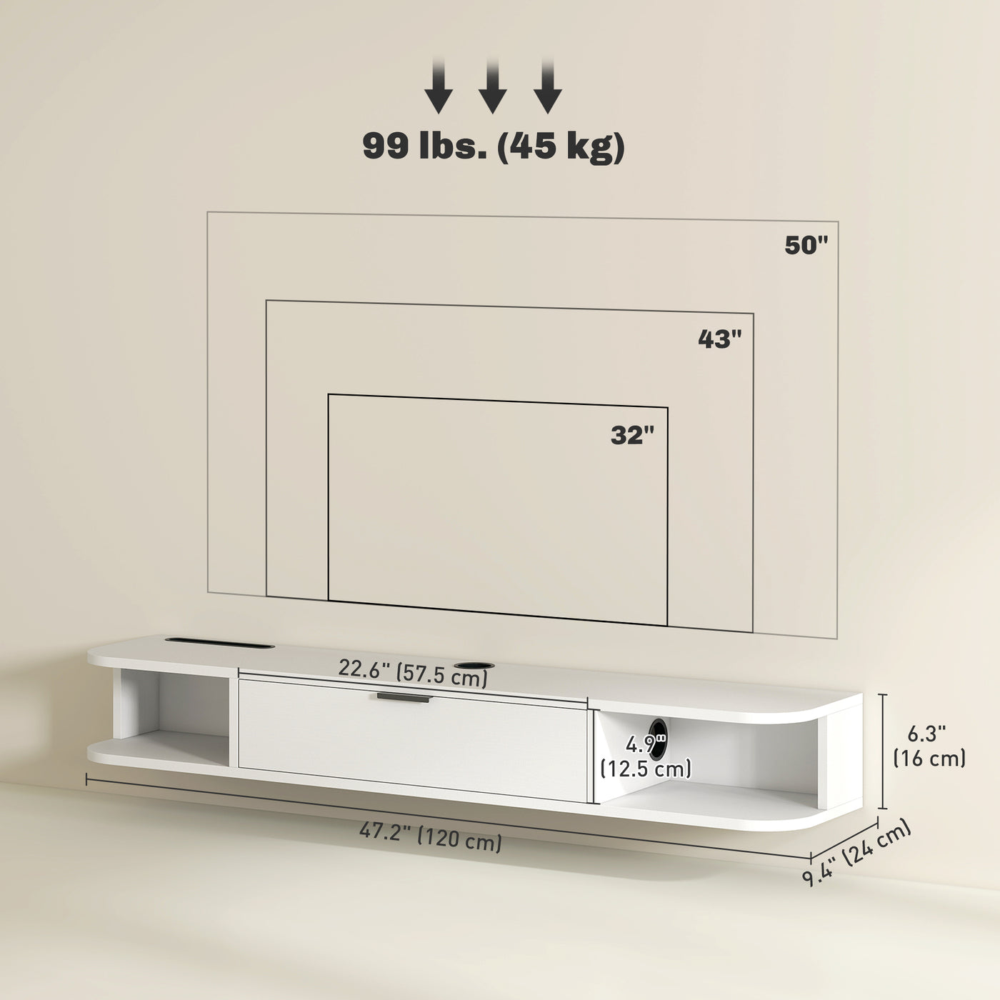 47" Floating TV Stand for TVs up to 50 Inch, Wall Mounted Media Console with Flip Drawer and 2 Open Shelves, White