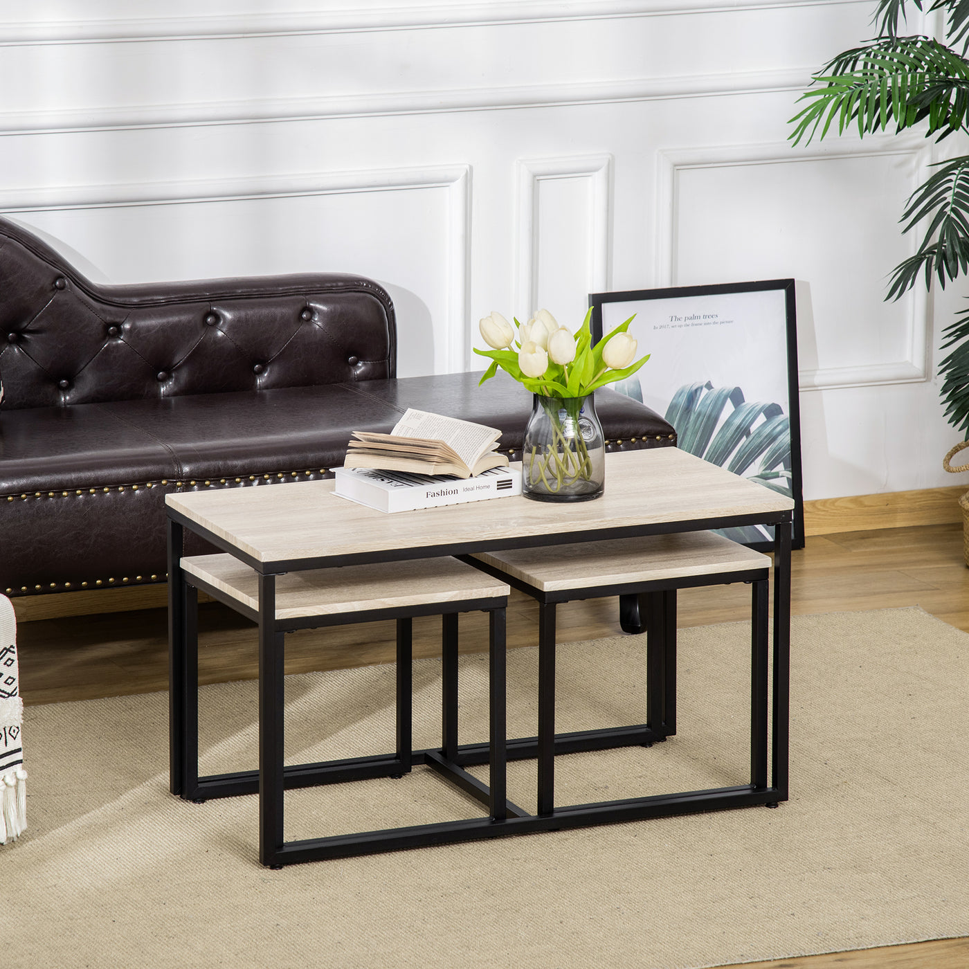 Nesting Coffee Table Set of 3, Modern End Tables with Black Metal Frame for Living Room Home Furniture, Natural