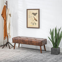 Bedroom Bench, End of Bed Bench with Button Tufted, PU Leather Upholstered Entryway Bench with Wood Legs, Brown