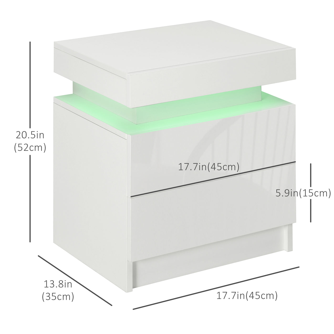 Nightstand, Bedside Table with LED Lights and 2 Drawers for Bedroom, Living Room, White