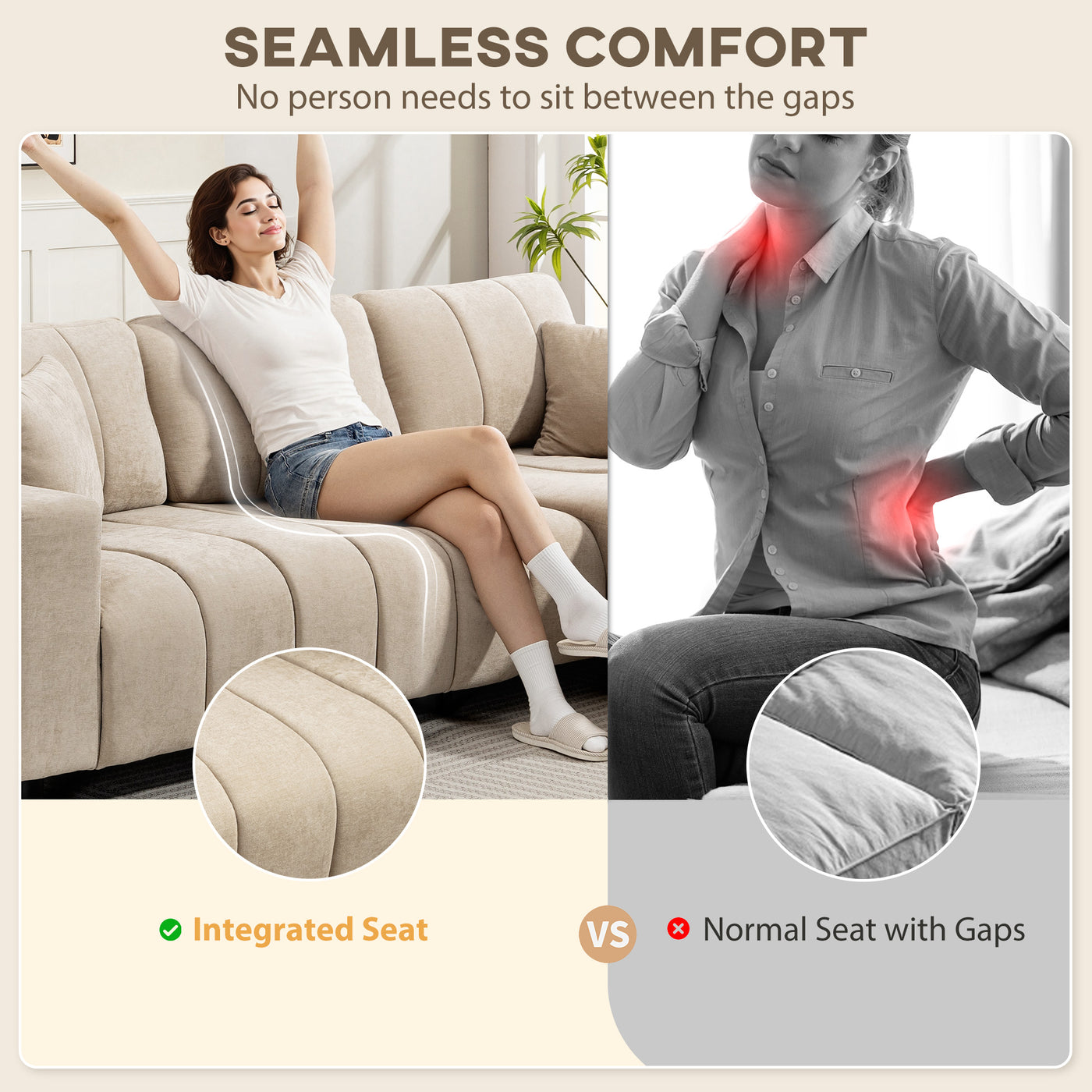 Sectional Couch with Integrated Seat, 3 Seater L-Shaped Sofa with Changeable Chaise, Spring Cushion, 2 Pillows, Beige