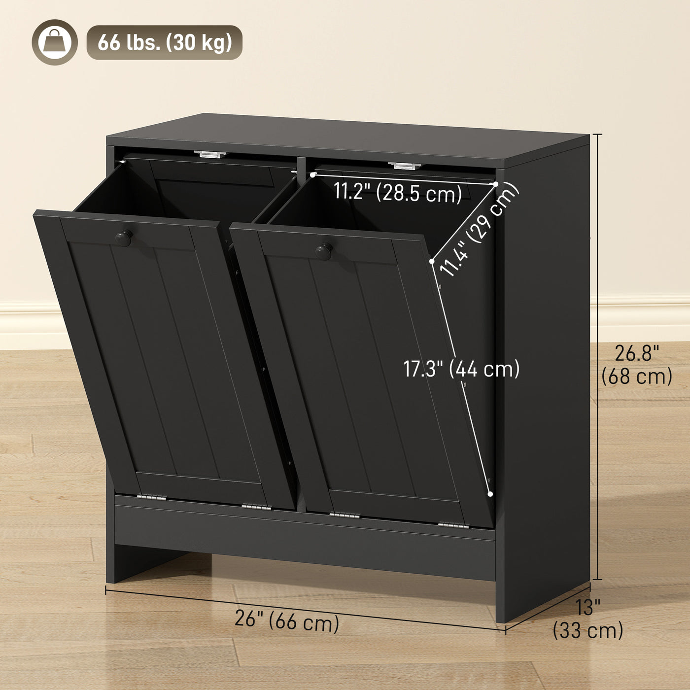 Tilt-Out Laundry Storage Cabinet, Modern Laundry Hamper with 2 Compartments for Bathroom Washroom, Black