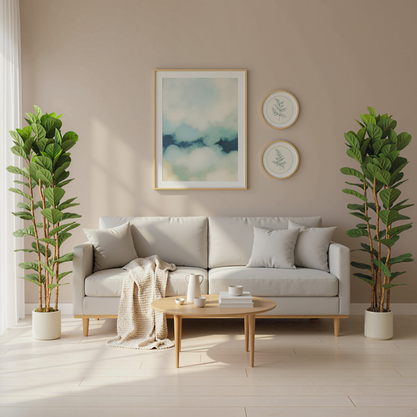 6FT Artificial Fiddle Leaf Fig Tree Set of 2, Fake Potted Tree with Solid Wood Trunks for Indoor Decor, Green