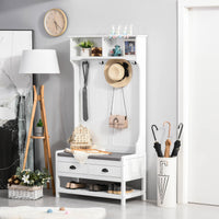 Coat Rack Shoe Bench, Hall Tree with Bench and Shoe Storage, Entryway Bench with 4 Hooks, 2 Drawers, 2 Shelves, White