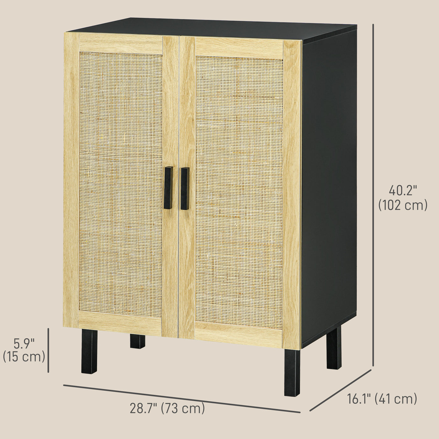 Boho Sideboard, Buffet Cabinet with Storage, Accent Cabinet with 2 Rattan Doors and Adjustable Shelves, Black