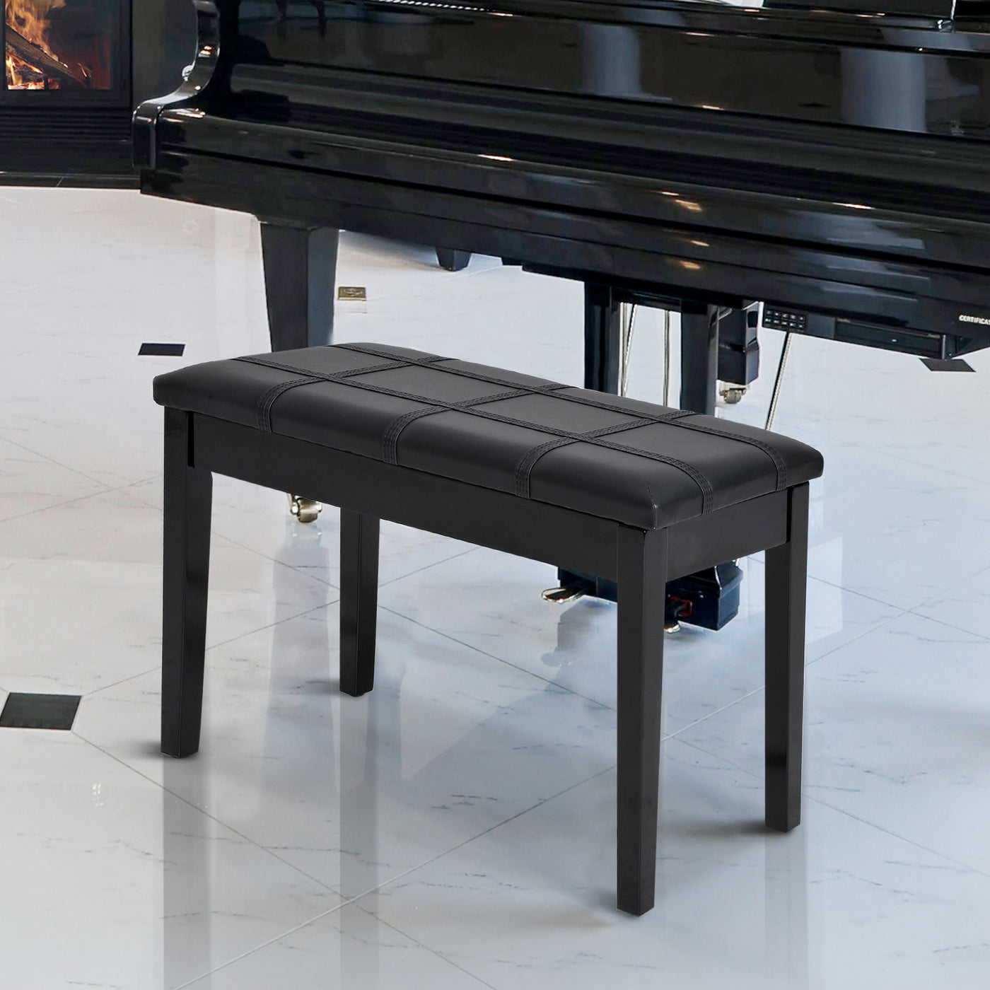 Classic Piano Bench Stool, PU Leather Padded Keyboard Seat with Rubber Wood Legs and Music Storage Compartment, Banded Seat, Black