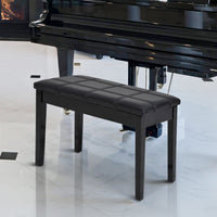 Classic Piano Bench Stool, PU Leather Padded Keyboard Seat with Rubber Wood Legs and Music Storage Compartment, Banded Seat, Black