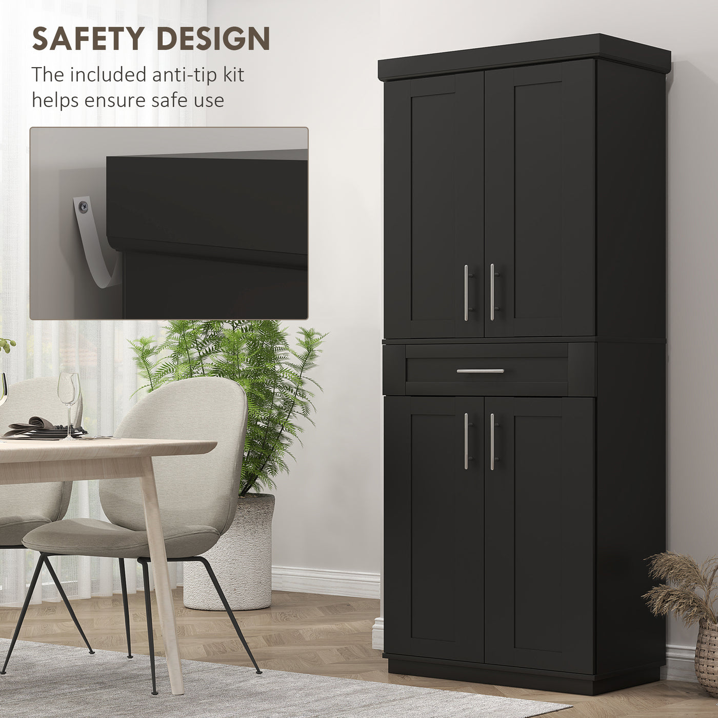 72" Storage Cabinet, Freestanding Kitchen Pantry Cabinet with 4 Doors, Drawer and 3 Adjustable Shelves, Black